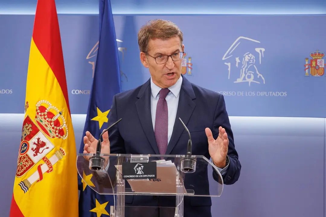 El l&iacute;der del Partido Popular, Alberto N&uacute;&ntilde;ez Feij&oacute;o, comparece en una rueda de prensa /
Alejandro Mart&iacute;nez / Europa Press