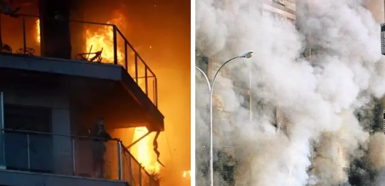 A la izquierda, el incendio del jueves en Valencia; a la derecha, el incendio en 1979 del 'Corona de Arag&oacute;n'