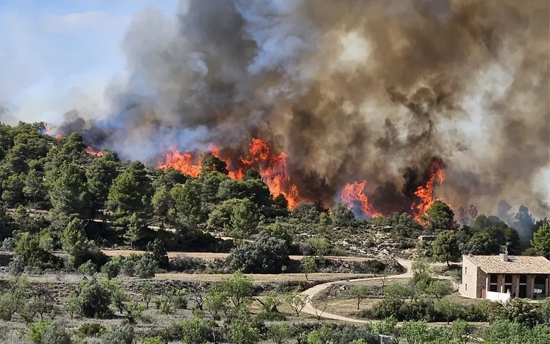 El fuego comenz&oacute; en una mas&iacute;a situada en torno a un kil&oacute;metro del casco urbano de Lled&oacute; / Javier de Luna