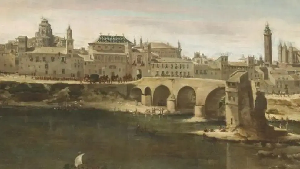 La puerta del &Aacute;ngel, entre los m&aacute;s importantes edificios de la capital, las casas del Puente, el Palacio de la Diputaci&oacute;n del Reino y la Seo