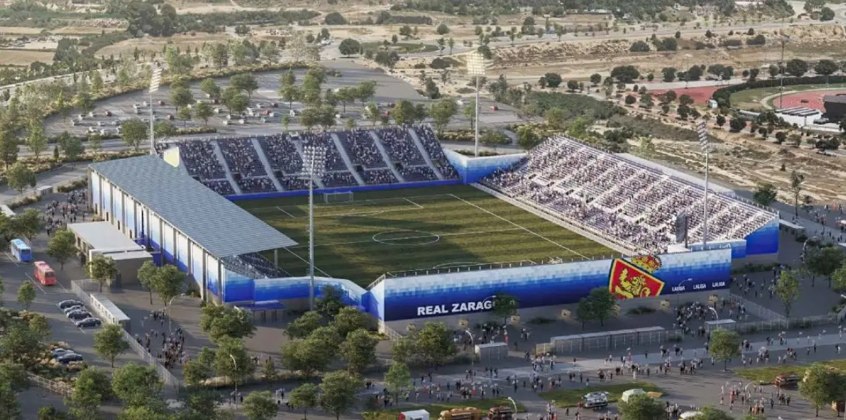 El mini estadio modular que suplir&aacute; a la Romareda durante las obras / MLN