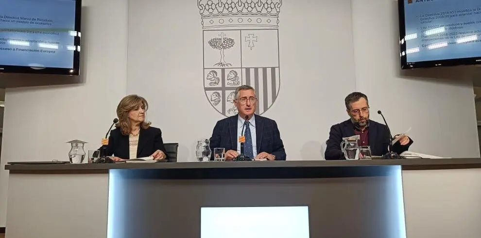 Mart&iacute;nez, Blasco y Fayan&aacute;s, en la rueda de prensa de presentaci&oacute;n. / DGA