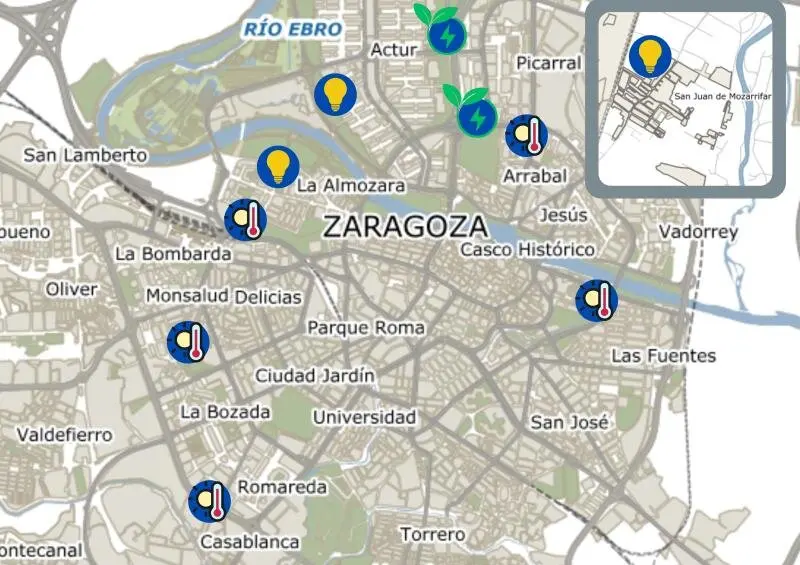 Plano de Zaragoza donde Urbanismo invierte 1,2 millones en proyectos energ&eacute;ticos de 10 equipamientos. AZ