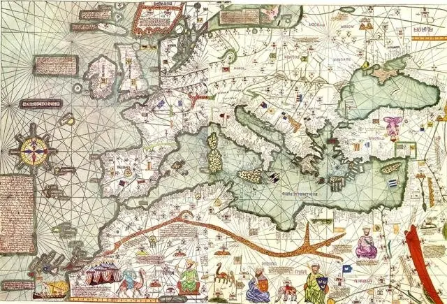 Mapa de Abraham Cresques de 1375 con las barras aragonesas por todo el Mediterr&aacute;neo / Identidad Aragonesa
