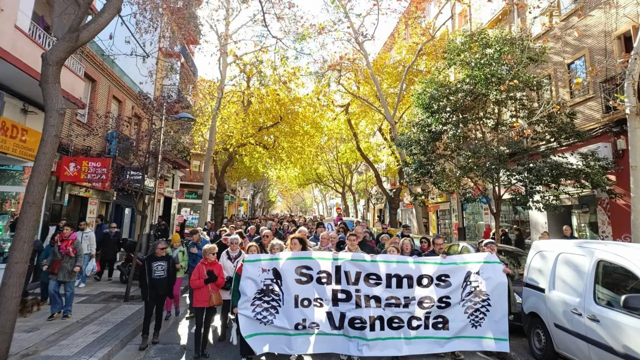 Manifestaci&oacute;n de protesta celebrada en Zaragoza contra la ampliaci&oacute;n del Parque de Atracciones en los Pinares de Venecia / PLATAFORMA SALVEMOS LOS PINARES DE VENECIA