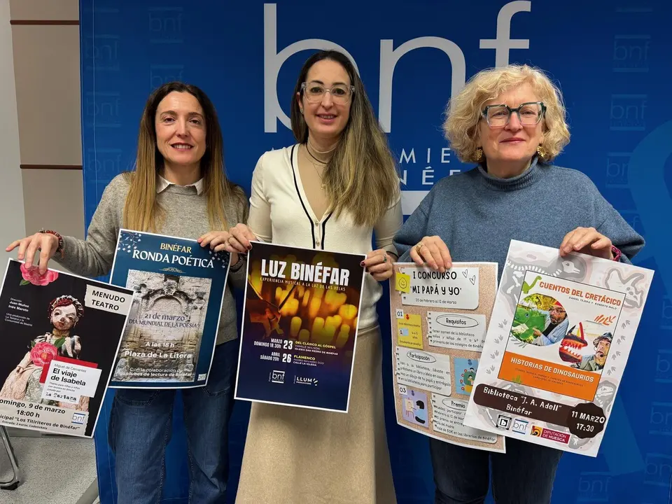 Laura Baquero, Beatriz Oliv&aacute;n y Carmina Estupi&ntilde;&aacute; presentaron la programaci&oacute;n este jueves en el Ayuntamiento de Bin&eacute;far (Huesca) - AYUNTAMIENTO DE BIN&Eacute;FAR