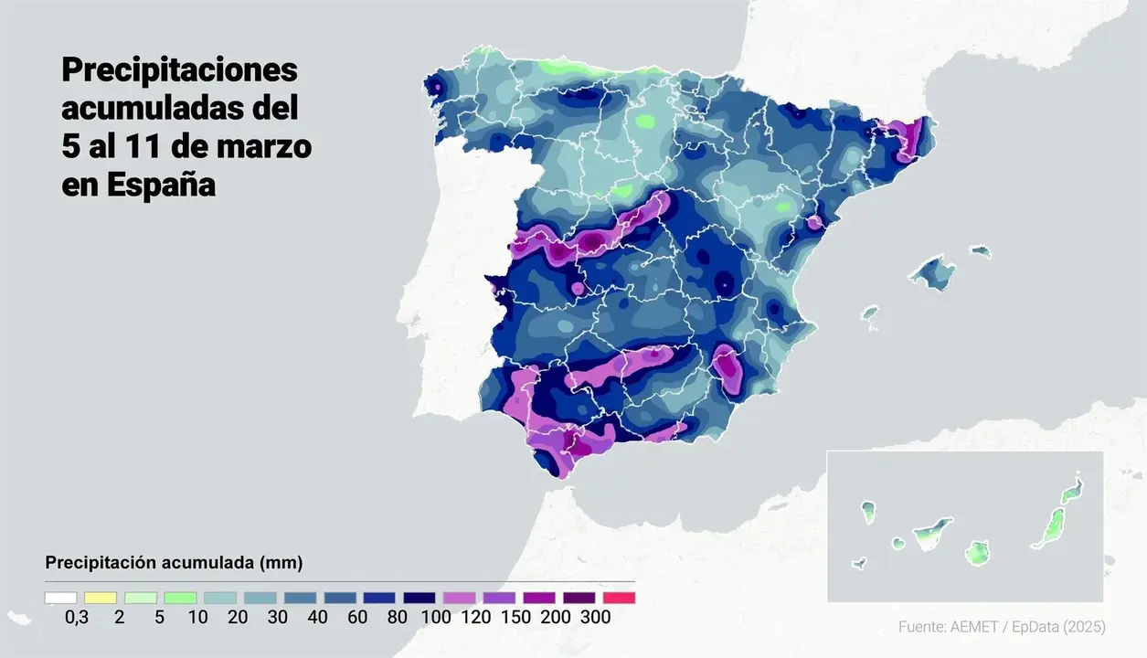Las borrascas Jana y Konrad elevan al 11% por encima de lo normal las lluvias acumuladas hasta un total de 405 l/m2. - AEMET