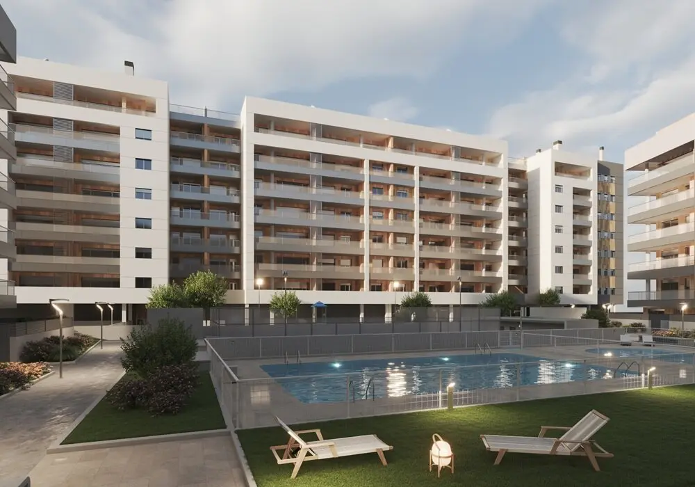 Zona de piscinas del residencial Villum / Gesti&oacute;n Com&uacute;n
