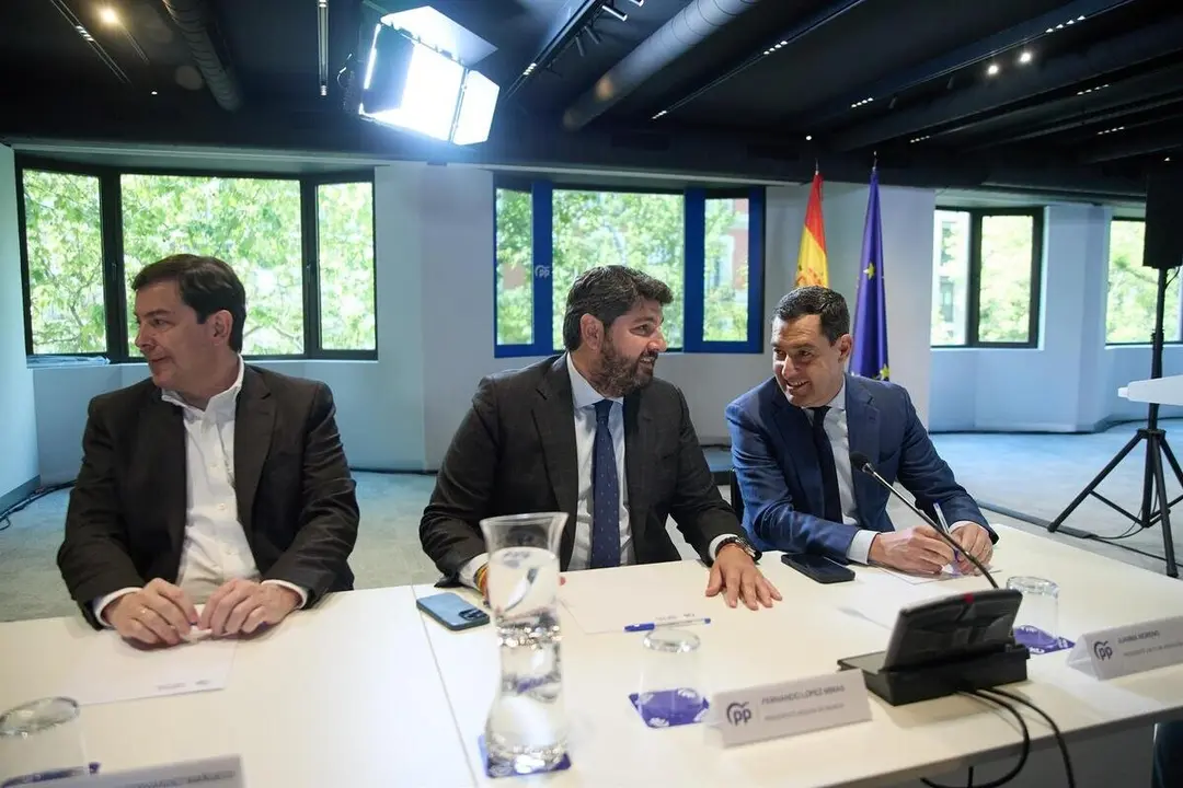 El presidente de Castilla y Le&oacute;n, Alfonso Fern&aacute;ndez Ma&ntilde;ueco, el presidente de la Regi&oacute;n de Murcia, Fernando L&oacute;pez Miras, y el presidente de Andaluc&iacute;a, Juanma Moreno