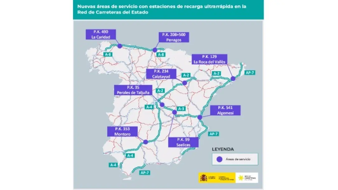 Mapa de las estaciones de carga ultrarr&aacute;pida de veh&iacute;culos el&eacute;ctricos.