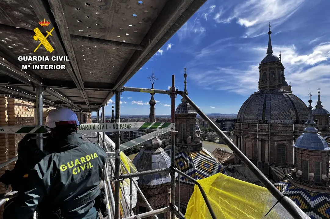 Nido de cern&iacute;calos en una torre del Pilar / V&iacute;a Guardia Civil