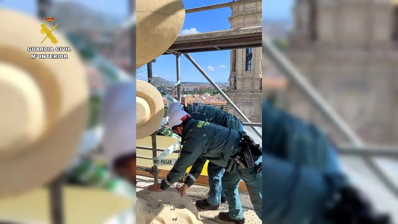 Nido de cern&iacute;calos en una torre del Pilar / V&iacute;a Guardia Civil
