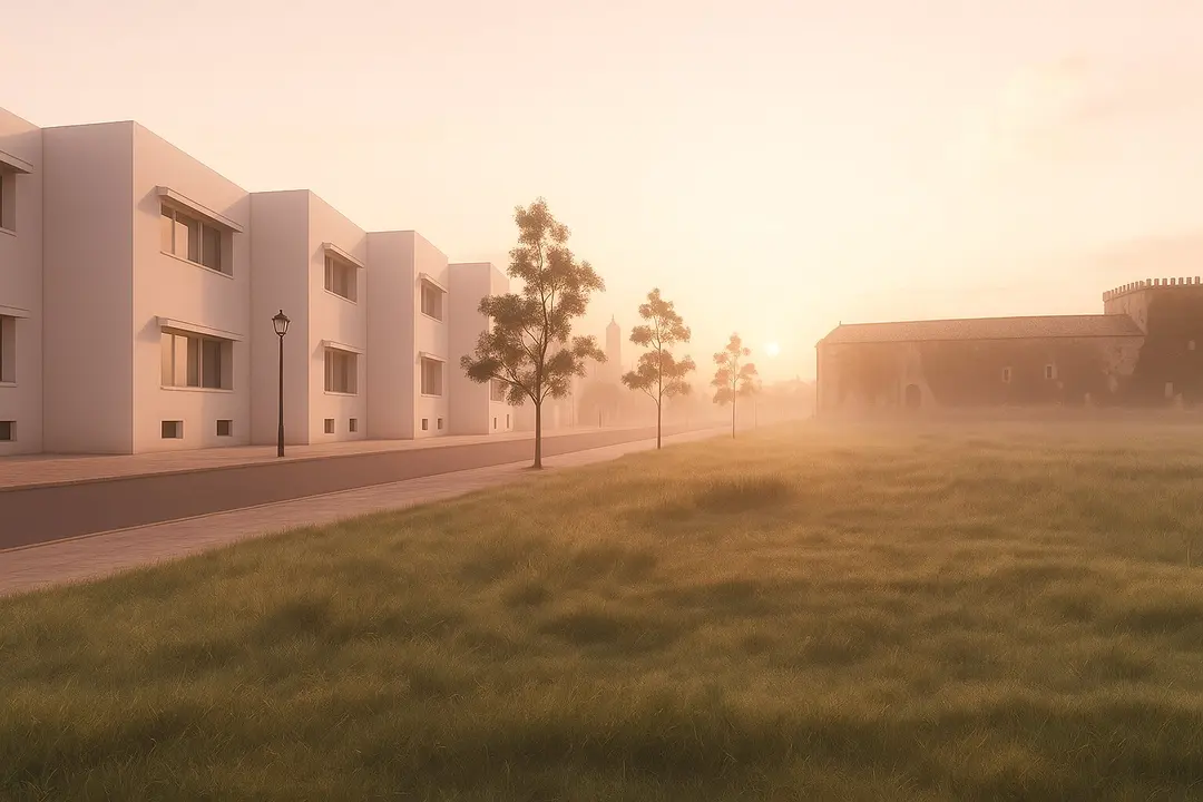 Vista exterior del Residencial Gu&iacute;a-Real en Pastriz al amanecer