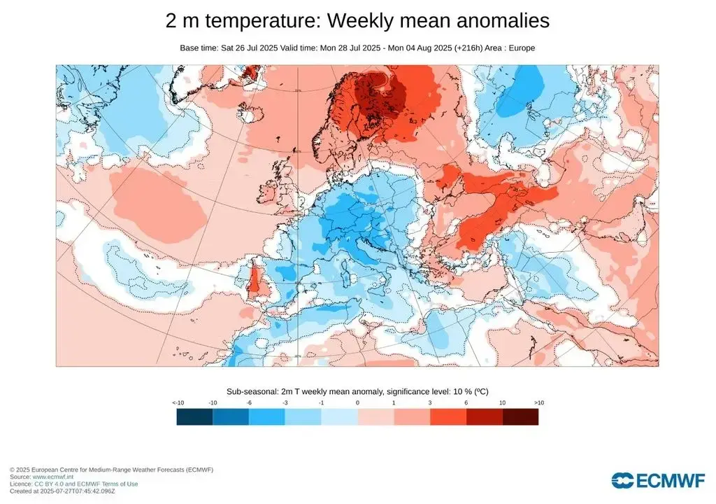 Anomal&iacute;a de temperatura prevista por el modelo europeo para esta semana