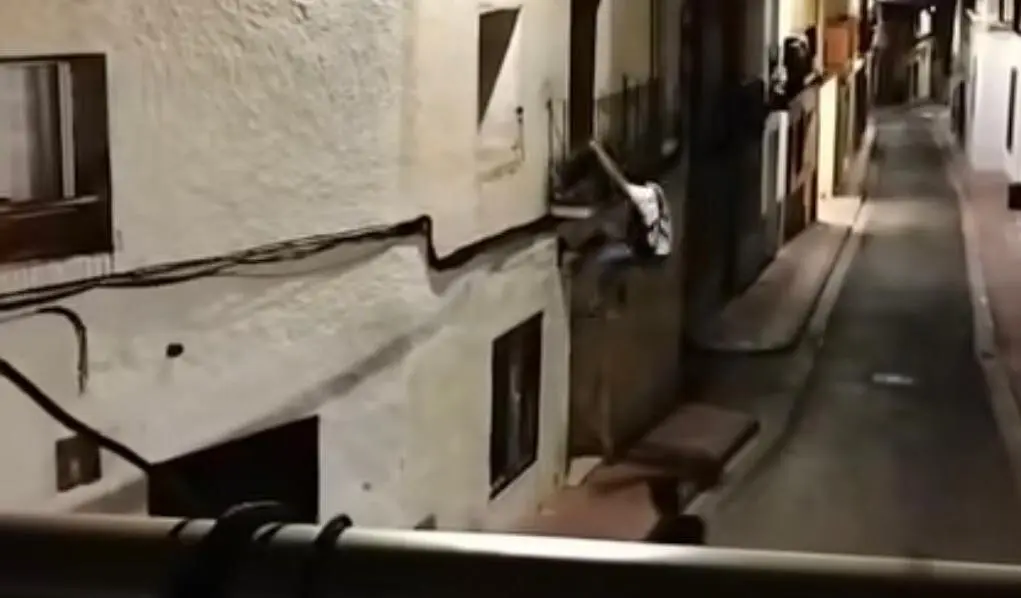 Imagen de uno de los presuntos ladrones saltando al balc&oacute;n de la vivienda / Cedida a H.A.