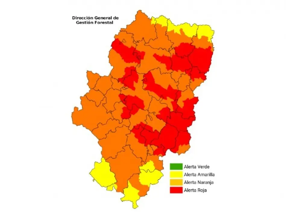 Mapa de riesgo de incendios forestales en Arag&oacute;n para el 14 de agosto de 2025.
- GOBIERNO DE ARAG&Oacute;N