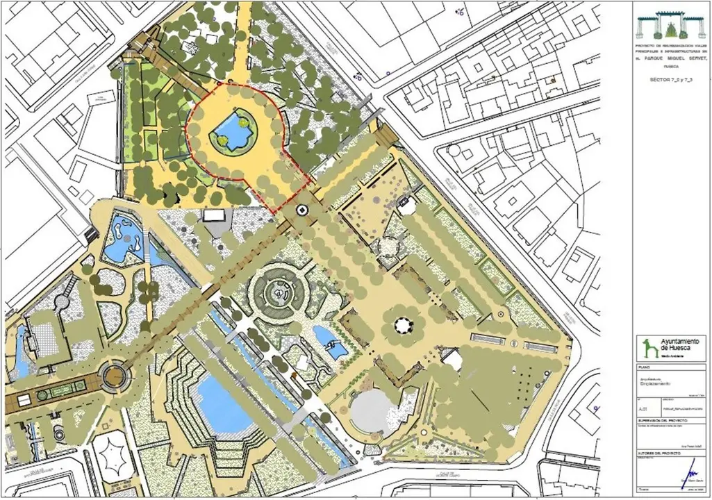 Uno de los planos de la actuaci&oacute;n en los viales principales del Parque Miguel Servet.
- AYUNTAMIENTO DE HUESCA