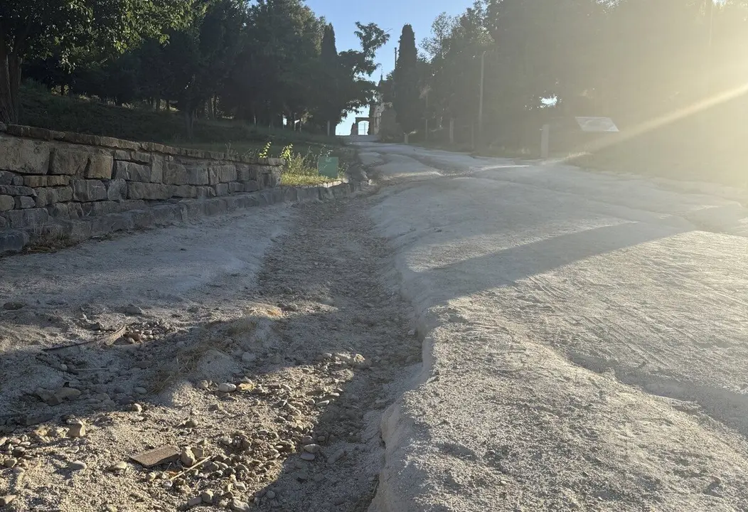 Estado en el que se encuentra el firme en el acceso al Parque de los M&aacute;rtires de la Libertad de Huesca, seg&uacute;n traslada el concejal socialista en el Ayuntamiento , Fernando Sarasa.
- PSOE HUESCA