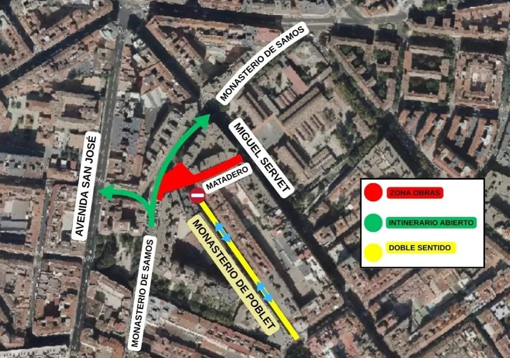 Mapa con las ateraciones en la circulaci&oacute;n que provoca desde este martes 16 el corte para su reforma integral de la calle Matadero de Zaragoza.
- AYUNTAMIENTO DE ZARAGOZA