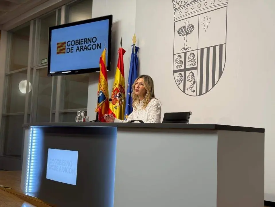 La vicepresidenta del Gobierno de Arag&oacute;n, Mar Vaquero, en la sala de prensa del Pignatelli./ EP