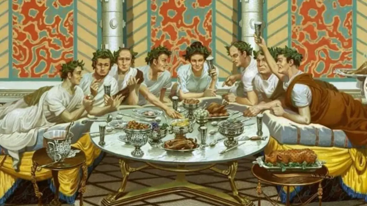 Representaci&oacute;n de una comida en la Antigua Roma