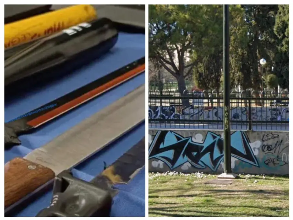Imagen de machetes incautados a bandas juveniles y el parque La Granja donde se produjeron las agresiones/H.A.