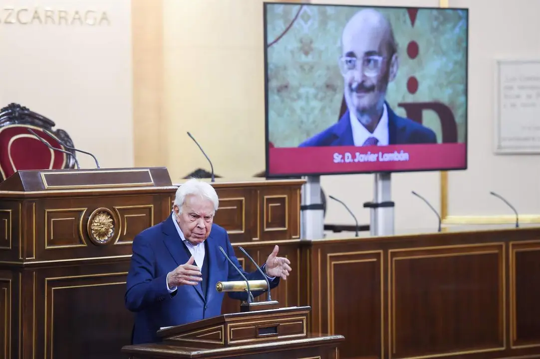 El expresidente del Gobierno, Felipe Gonz&aacute;lez, durante el acto homenaje a Javier Lamb&aacute;n, en el Senado. / EP