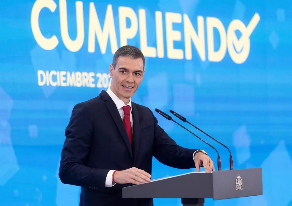El presidente del Gobierno, Pedro S&aacute;nchez, durante una rueda de prensa, en el Palacio de la Moncloa, a 15 de diciembre de 2025, en Madrid (Espa&ntilde;a). / EP