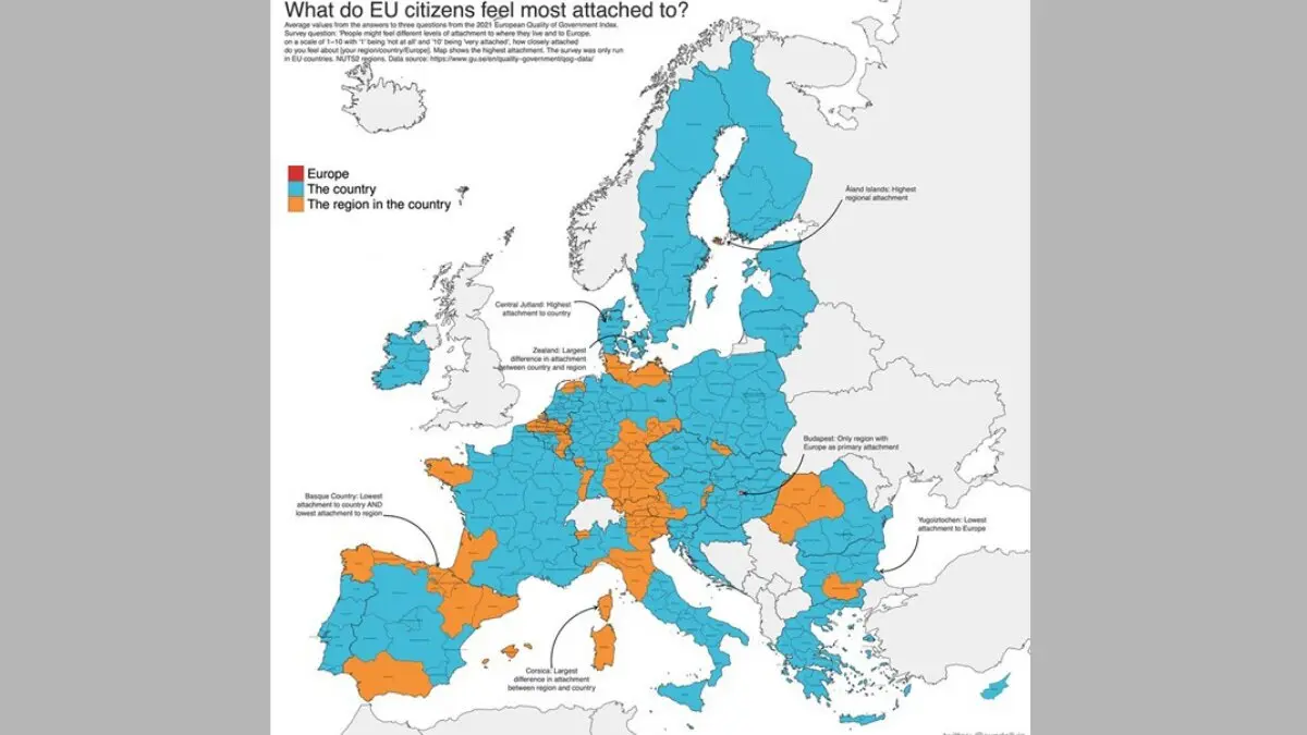 En naranja, regiones europeas con un sentimiento de pertenencia e identidad fuerte. (Xataka)