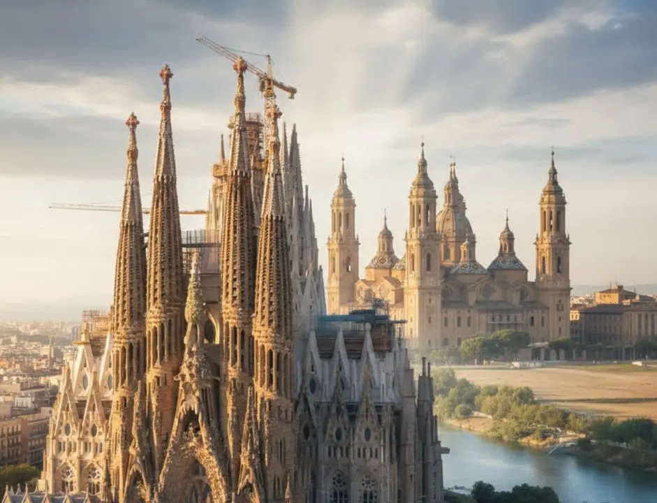 Recreaci&oacute;n con IA de la Bas&iacute;lica del Pilar al fondo y la Sagrada Familia en primer plano / Gemini