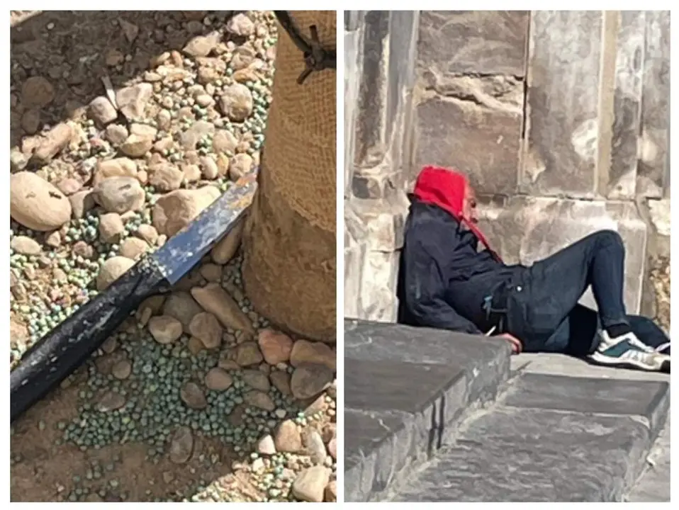 Imagen de un 'sintecho' durmiendo en la entrada de una iglesia y de un cuchillo tirado junto a un &aacute;rbol/H.A.