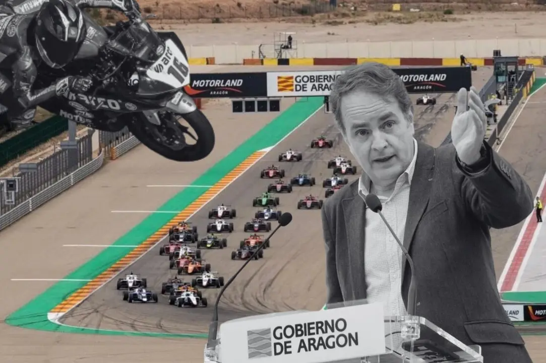 El consejero de Hacienda, Roberto Berm&uacute;dez de Castro y el circuito de Motorland / Dise&ntilde;o HOY ARAG&Oacute;N