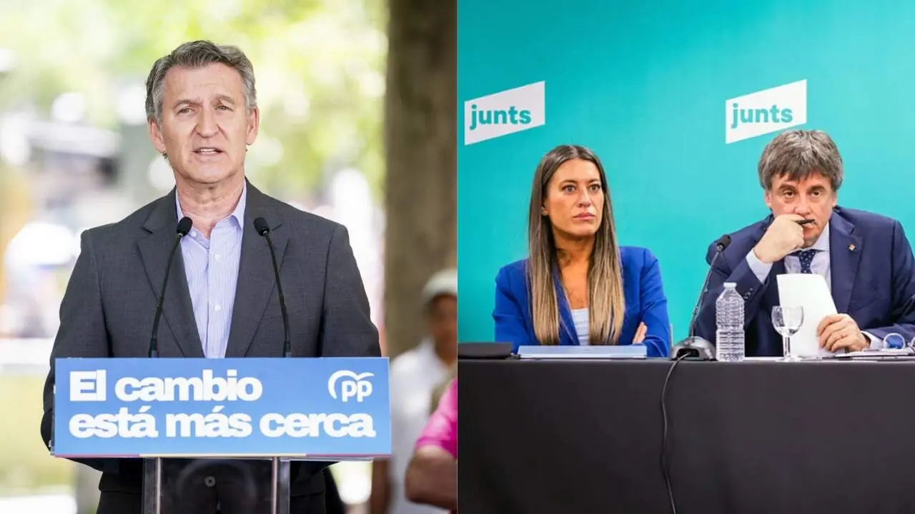 Alberto N&uacute;&ntilde;ez Feij&oacute;o, a la izquierda, y Miriam Nogueras y Carles Puigdemont, a la derecha. / Europa Press y EFE