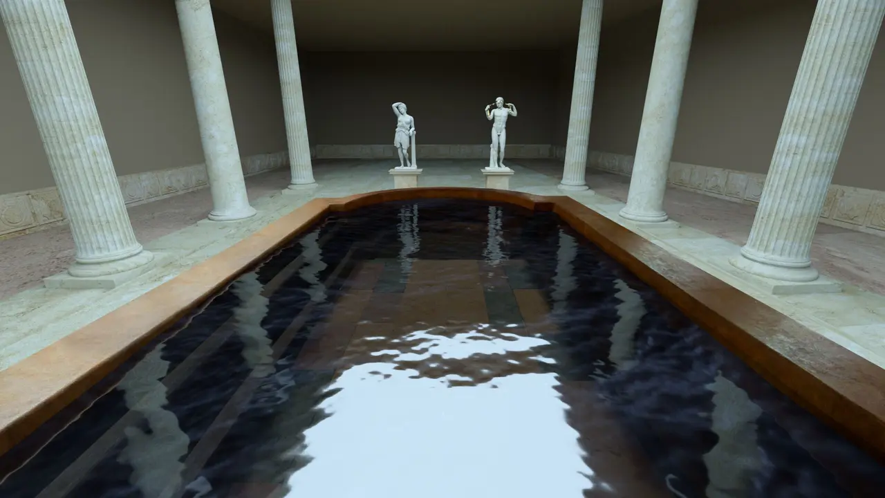 Recreaci&oacute;n de la piscina exterior de las termas romanas 