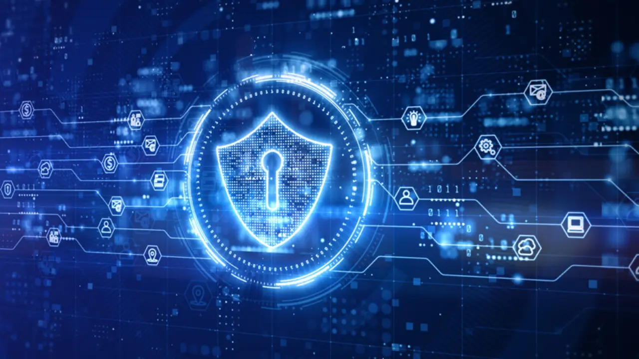 Shield Icon of Cyber Security Digital Data, Technology Global Network Digital Data Protection, Future Abstract Background Concept. 3D Rendering