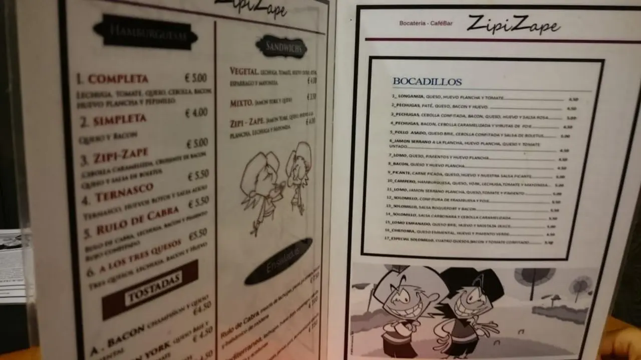 Carta del restaurante Zipi Zape