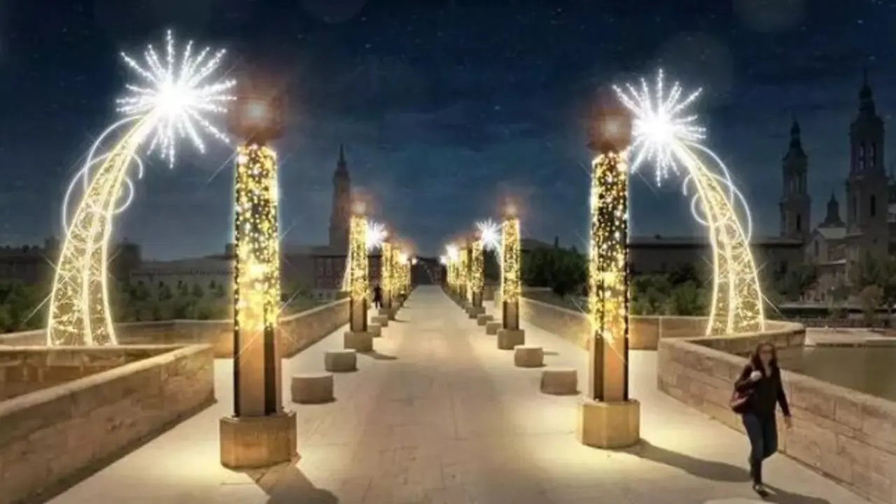 Aspecto que tendr&aacute; el Puente de Piedra iluminado. FOTO Ayuntamiento de Zaragoza