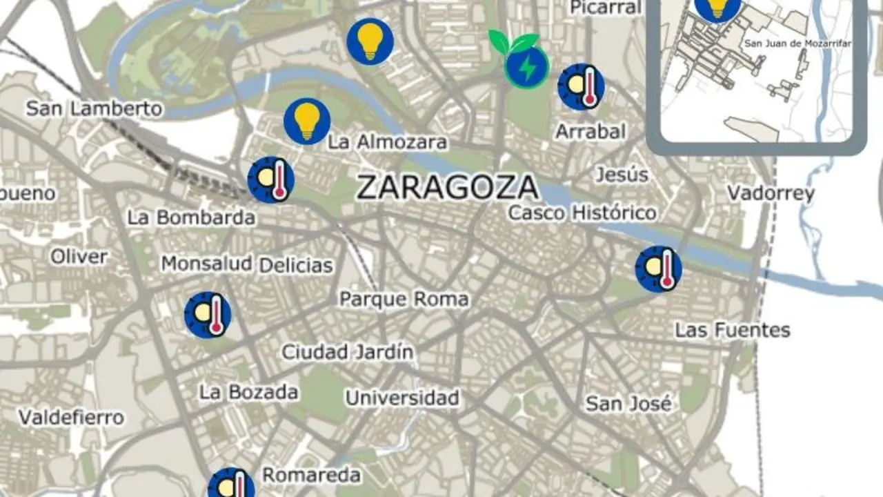 Plano de Zaragoza donde Urbanismo invierte 1,2 millones en proyectos energ&eacute;ticos de 10 equipamientos. AZ