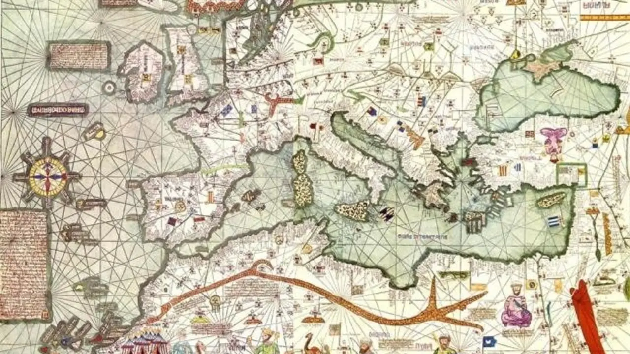 Mapa de Abraham Cresques de 1375 con las barras aragonesas por todo el Mediterr&aacute;neo / Identidad Aragonesa