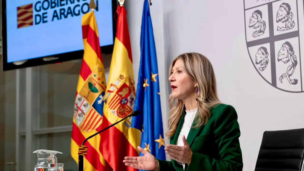 La vicepresidenta del Gobierno de Arag&oacute;n, Mar Vaquero, en la sala de prensa del Pignatelli
