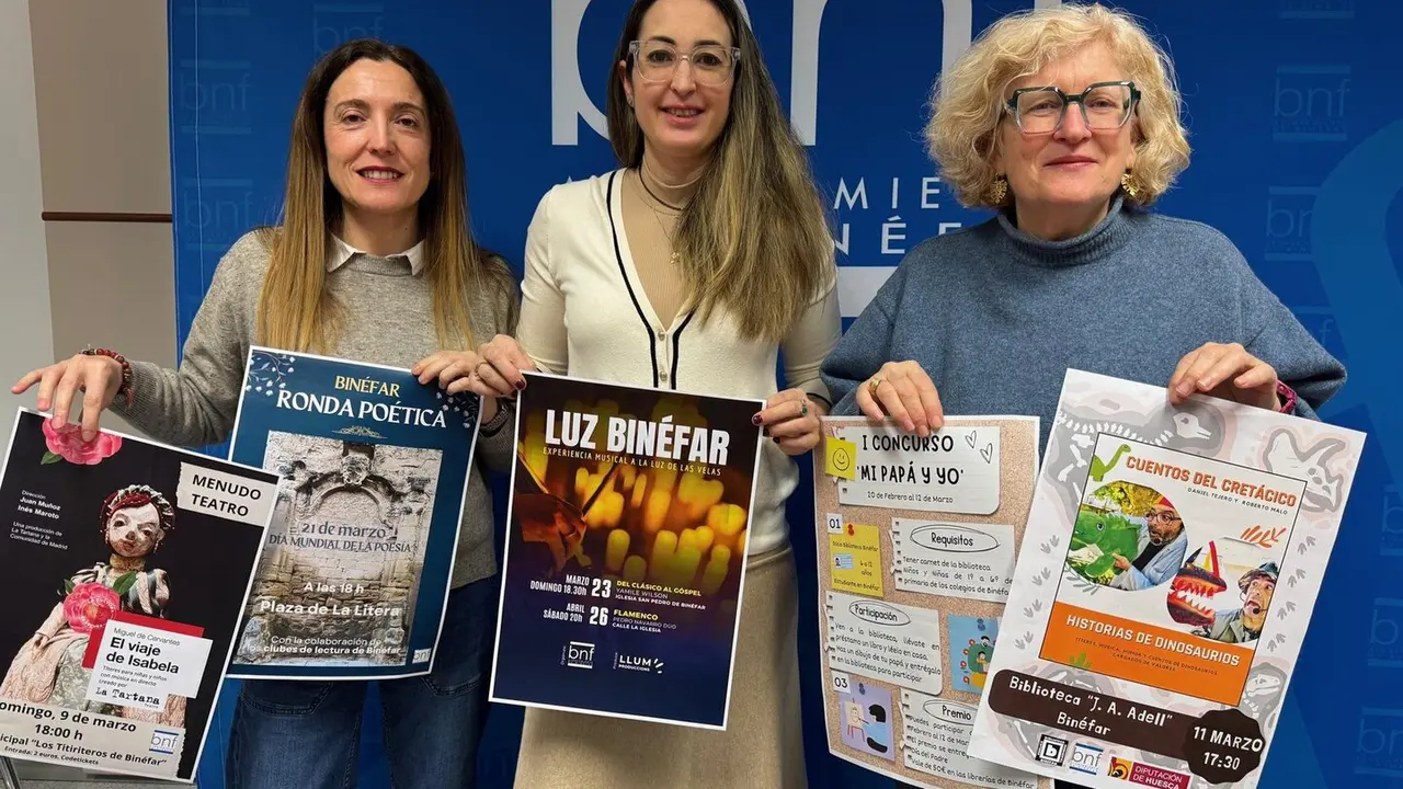 Laura Baquero, Beatriz Oliv&aacute;n y Carmina Estupi&ntilde;&aacute; presentaron la programaci&oacute;n este jueves en el Ayuntamiento de Bin&eacute;far (Huesca) - AYUNTAMIENTO DE BIN&Eacute;FAR