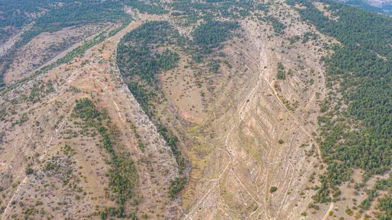 Vista a&eacute;rea del conocido como coraz&oacute;n de Mosqueruela. / Plataforma Paisajes de Teruel