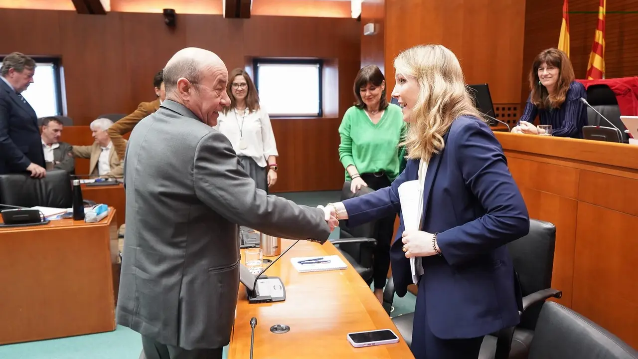 La directora de la oficina del Gobierno de Arag&oacute;n en Bruselas, Mar&iacute;a Palacios, saluda al diputado del PSOE Daniel Alastuey.