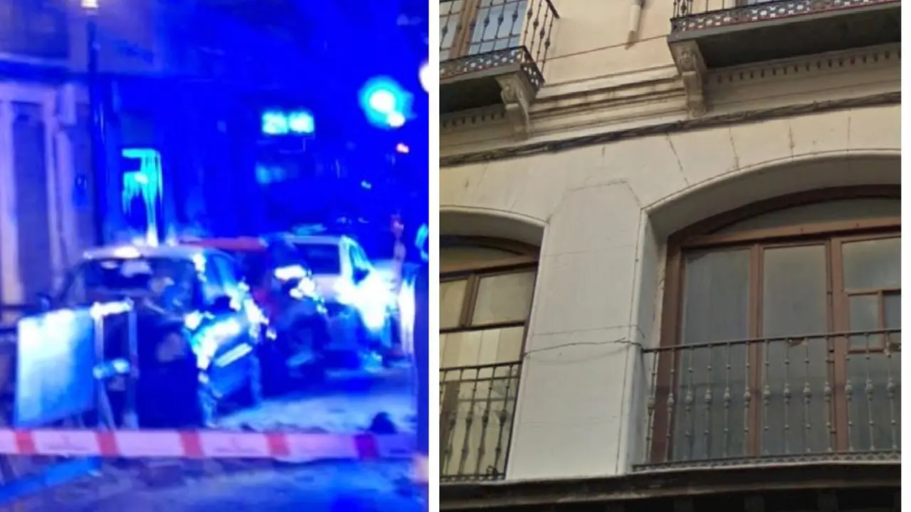 Imagen de la ca&iacute;da en la Plaza Santo Domingo y del n&uacute;mero seis de la calle Alfonso I donde se ha desprendido parte de un balc&oacute;n esta tarde /H.A.