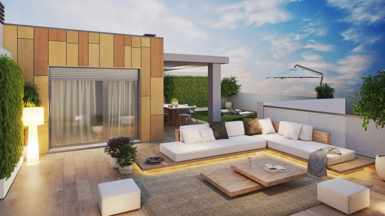 Una terraza de una vivienda en planta &aacute;tico en VILLUM2 / Gesti&oacute;n Com&uacute;n