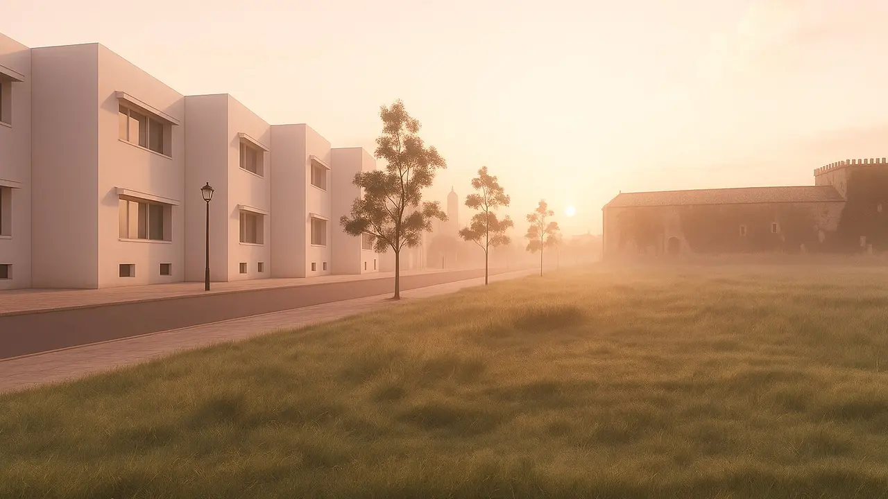 Vista exterior del Residencial Gu&iacute;a-Real en Pastriz al amanecer