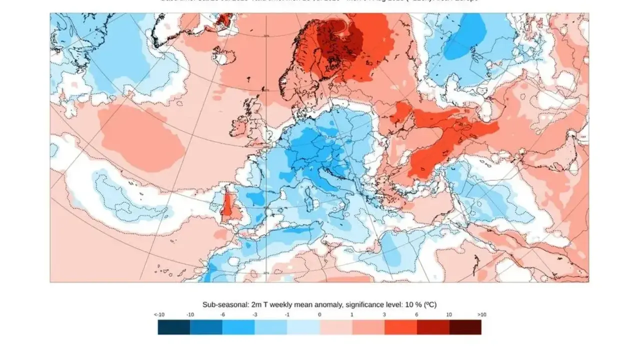 Anomal&iacute;a de temperatura prevista por el modelo europeo para esta semana