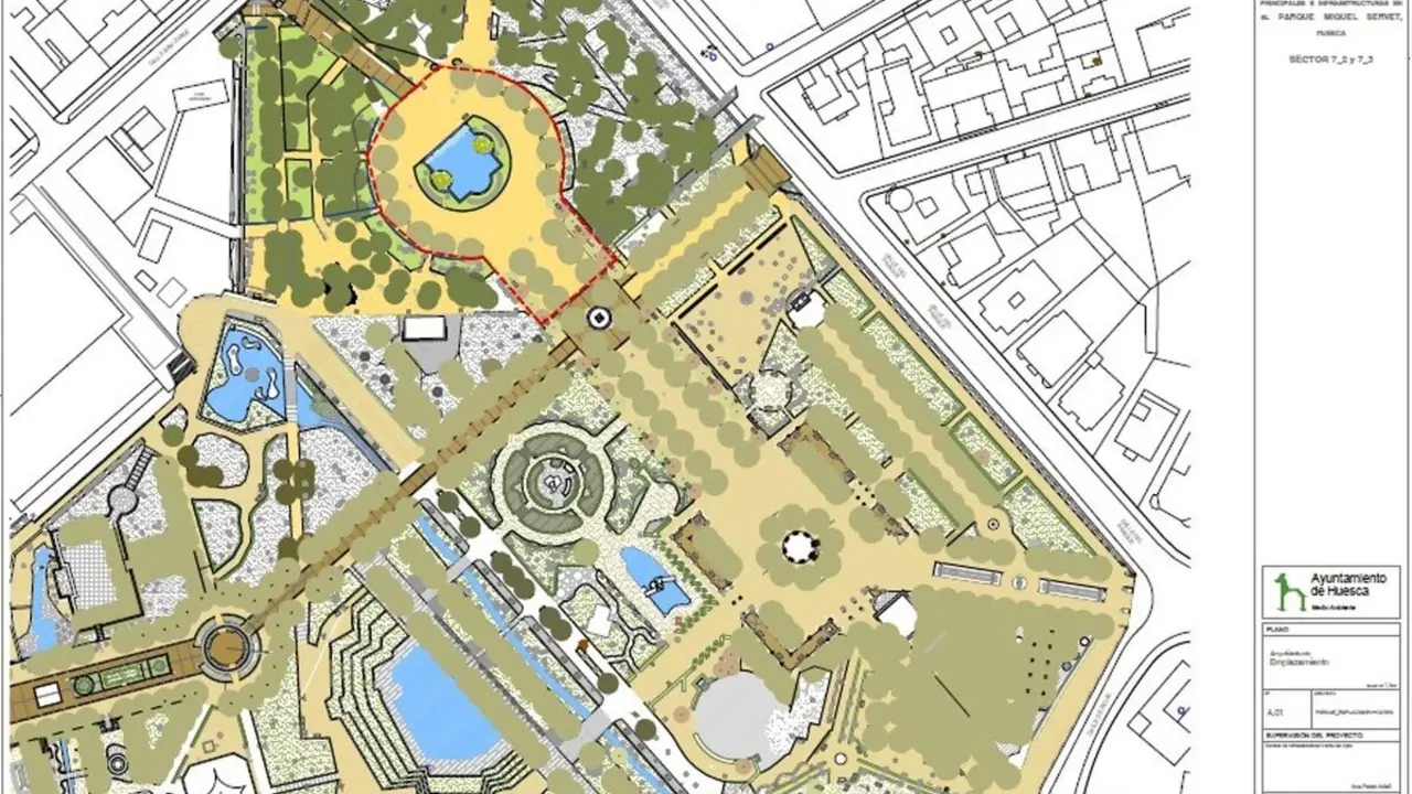Uno de los planos de la actuaci&oacute;n en los viales principales del Parque Miguel Servet.
- AYUNTAMIENTO DE HUESCA