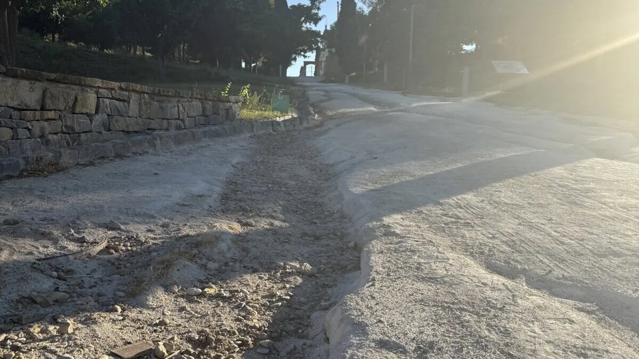 Estado en el que se encuentra el firme en el acceso al Parque de los M&aacute;rtires de la Libertad de Huesca, seg&uacute;n traslada el concejal socialista en el Ayuntamiento , Fernando Sarasa.
- PSOE HUESCA