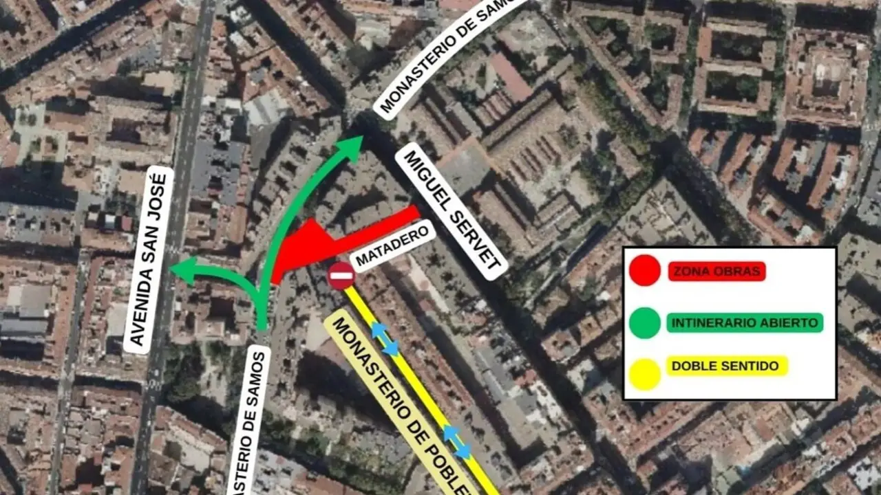 Mapa con las ateraciones en la circulaci&oacute;n que provoca desde este martes 16 el corte para su reforma integral de la calle Matadero de Zaragoza.
- AYUNTAMIENTO DE ZARAGOZA